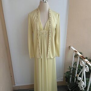 Super mint vintage yellow beaded 1970 gown dress with evening jacket